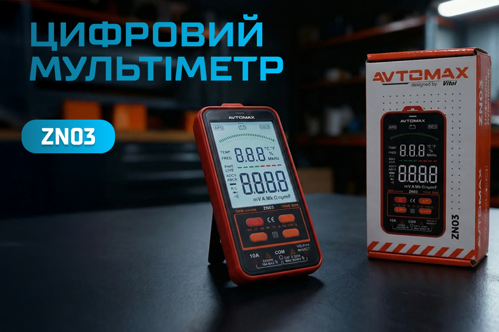 Цифровий мультиметр AVTOMAX ZN03 6000 counts True RMS з фірмовою упаковкою — рекламне фото