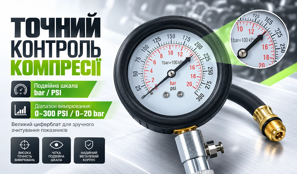 Манометр компресометра Alloid KB-1015B — подвійна шкала 0–300 PSI та 0–20 bar для точного контролю компресії