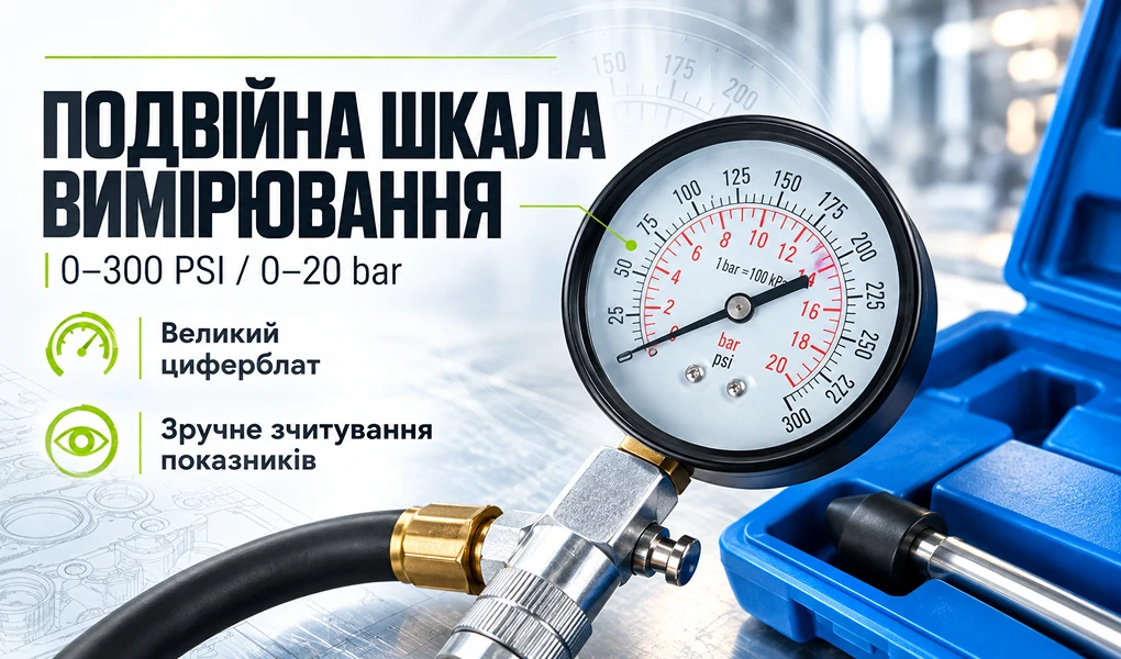Манометр компресометра Alloid KB-4101B із подвійною шкалою вимірювання 0–300 PSI та 0–20 bar