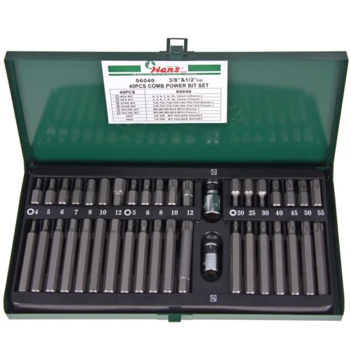 Набір біт-вставок HANS 06040, 40 предметів, HEX, TORX і Spline з посадками 3/8″ та 1/2″