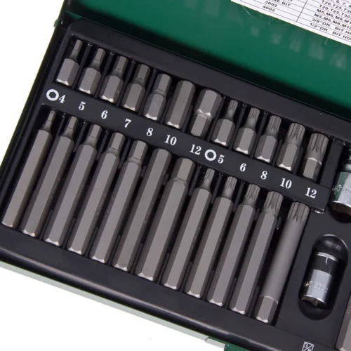 Біти HANS 06040 крупним планом — шестигранні HEX, зіркоподібні TORX і шліцьові Spline різних розмірів