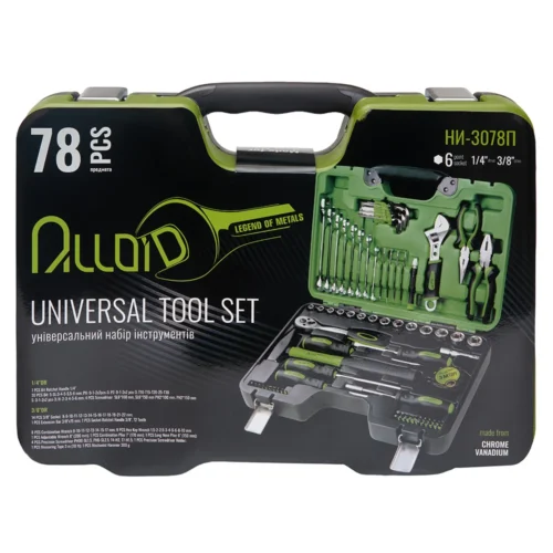 Упаковка набору Alloid НІ-3078П — 78 предметів, 6-гранні головки 1/4″ і 3/8″ та універсальні інструменти