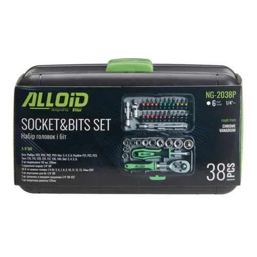 Упаковка набору Alloid NG-2038P Socket & Bits Set — 38 предметів, привід 1/4" і головки з хромованадієвої сталі