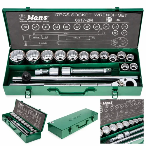 Набір торцевих головок HANS 6617-2M 12PT 3/4″ — колаж із загальним виглядом, відкритим і закритим кейсом та деталями